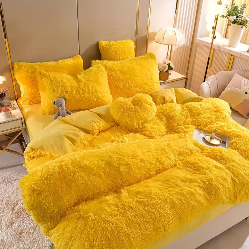 Fluffy Bedding Set 4pcs Soft Warm Plush Duvet Cover with Pillowcases Queen King - Cozy Autumn Winter Comforter Set 8 Colors
