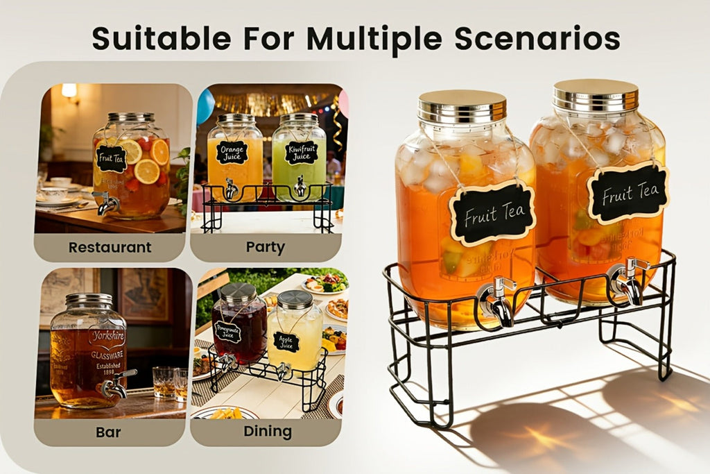 Glass Drink Dispenser with Fruit Infuser, Ice Cylinder & Stainless Steel Spigot ¨C 1 Gallon Beverage Dispenser with Stand for Parties, Weddings, BBQ & Lemonade