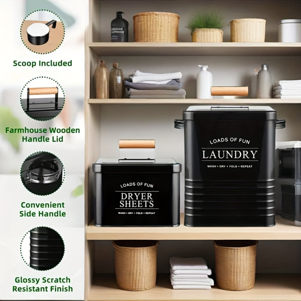 Laundry Pod Container & Dryer Sheet Holder Set with Scoop ¨C Metal Farmhouse Laundry Room Organizer, Detergent Dispenser & Soap Storage