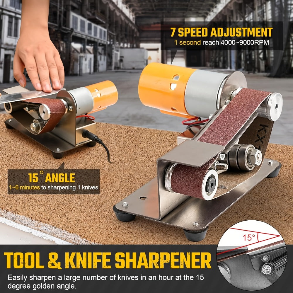 Mini Belt Sander 15¡ã Angle - 7-Speed Electric Belt Grinder Knife Sharpener Kit with 30 Sanding Belts for Metal, Woodworking & Knife Making