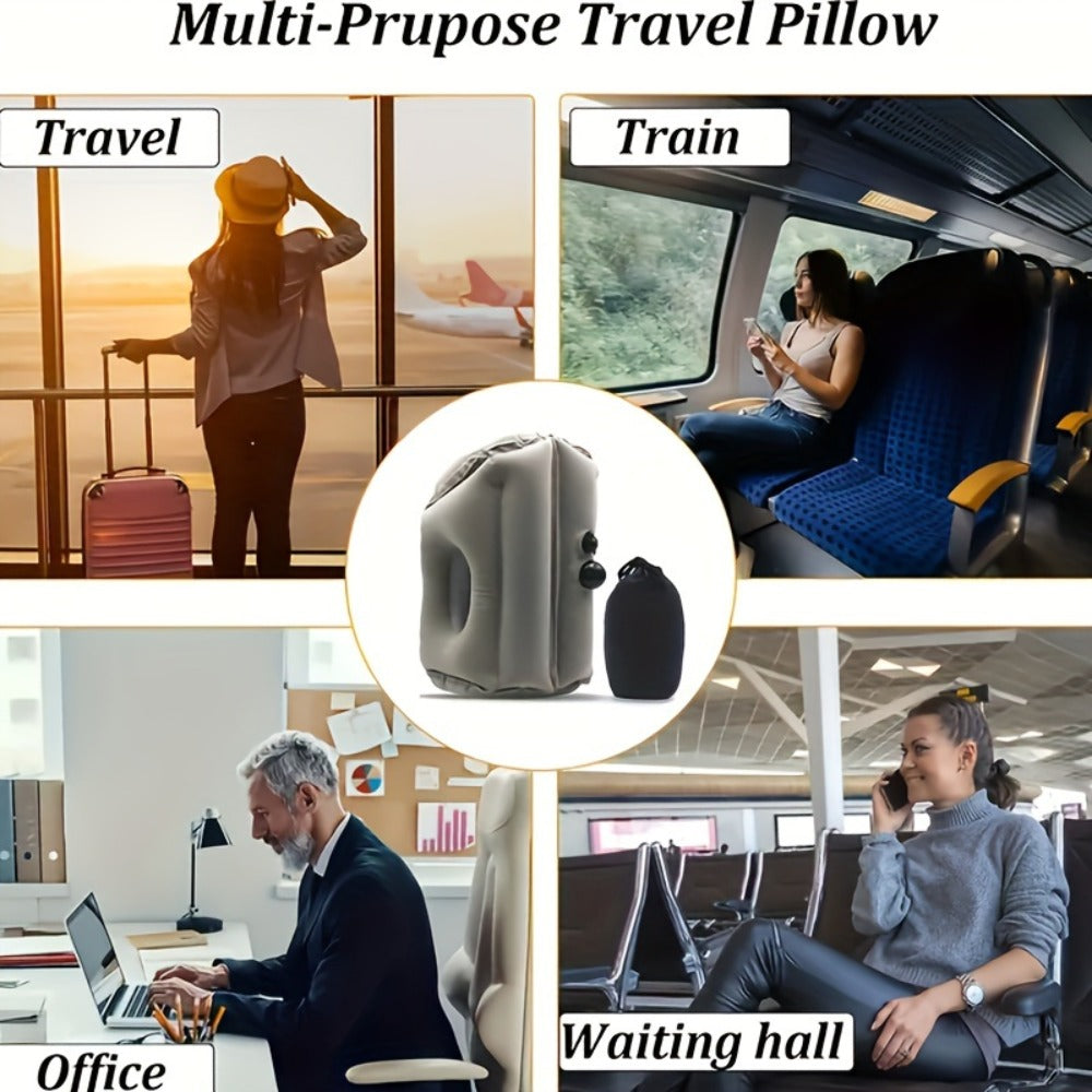 Inflatable Travel Pillow with Carrying Case ¨C Ergonomic Neck & Head Support for Airplane, Car, Train, Office Nap & Camping, Compact Lightweight Flocking Fabric Pillow