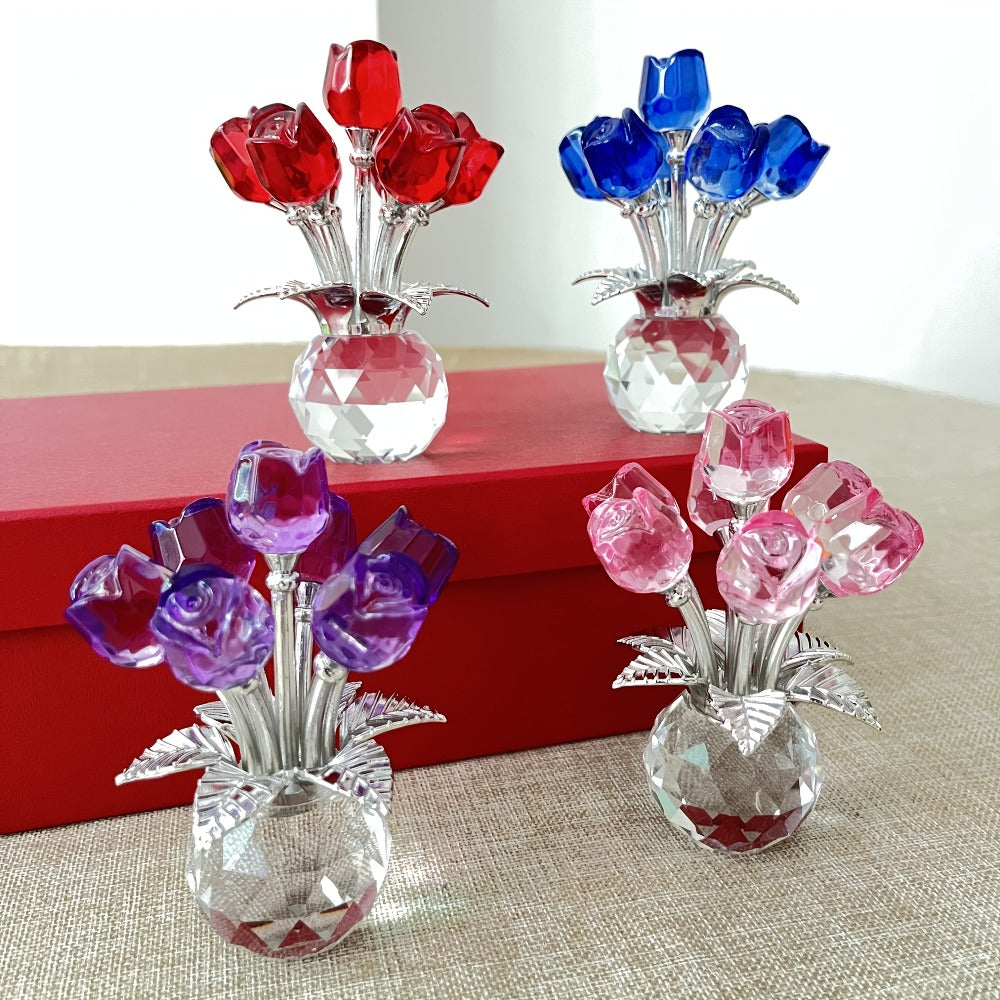 Glass Rose Sculpture Floral Home Decor ¨C Sparkling Leaves Art Figurine for Bedroom, Living Room, Valentine's Day Gift