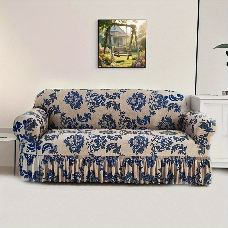 Stretch Sofa Cover Slipcover High-Stretch Fabric Ruffle Skirt Non-Slip Rod All-Season Snug Fit for 1 2 3 4 Seater Couch ¡ª Dark Blue with Pillow Cover