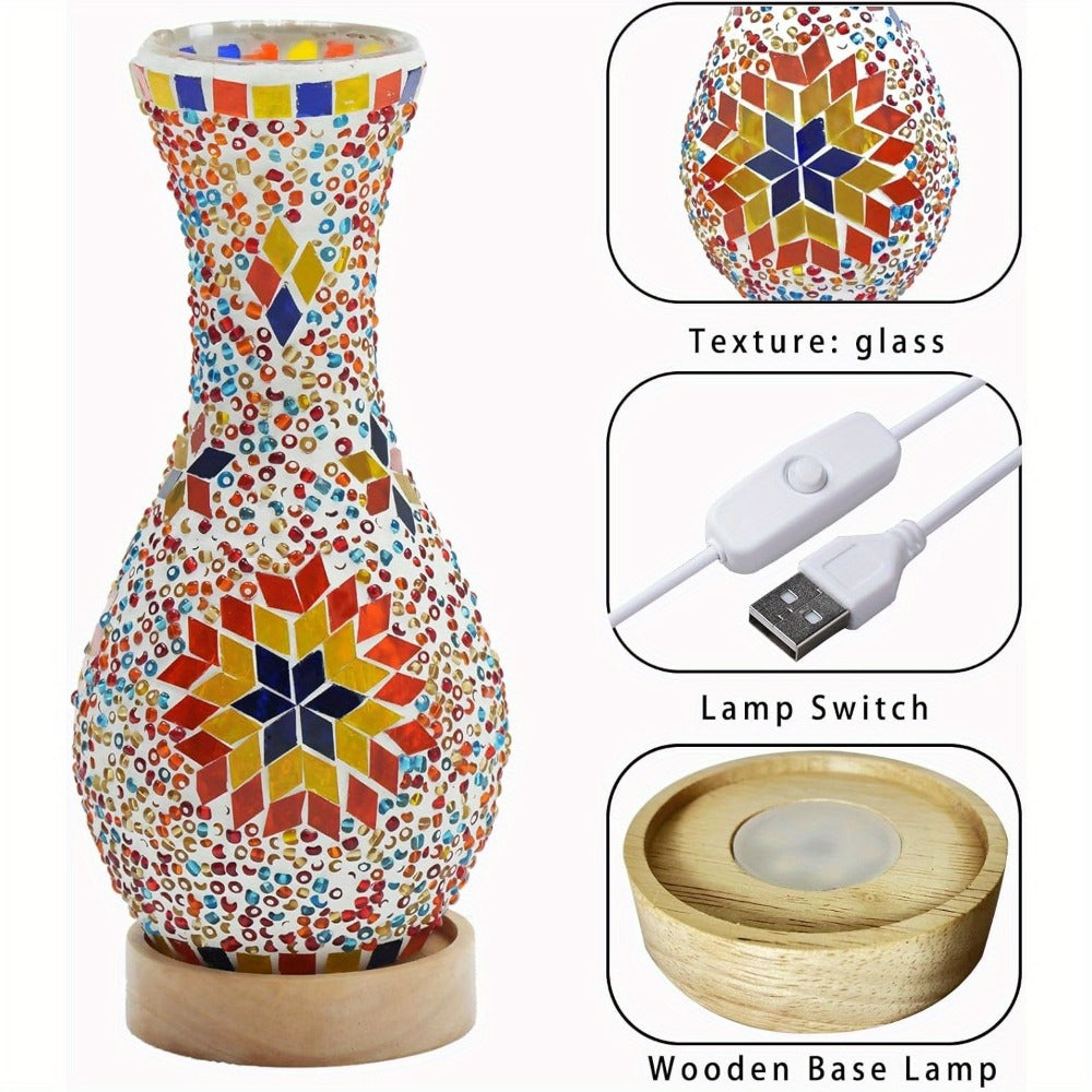 Mosaic Vase Lamp Turkish Moroccan Handmade Colorful Glass Table Lamp with Wooden Base ¨C USB Plug-In Boho Night Light, Flower Vase Lamp for Bedroom Living Room Decor, Bohemian Mosaic Desk Lamp Gift