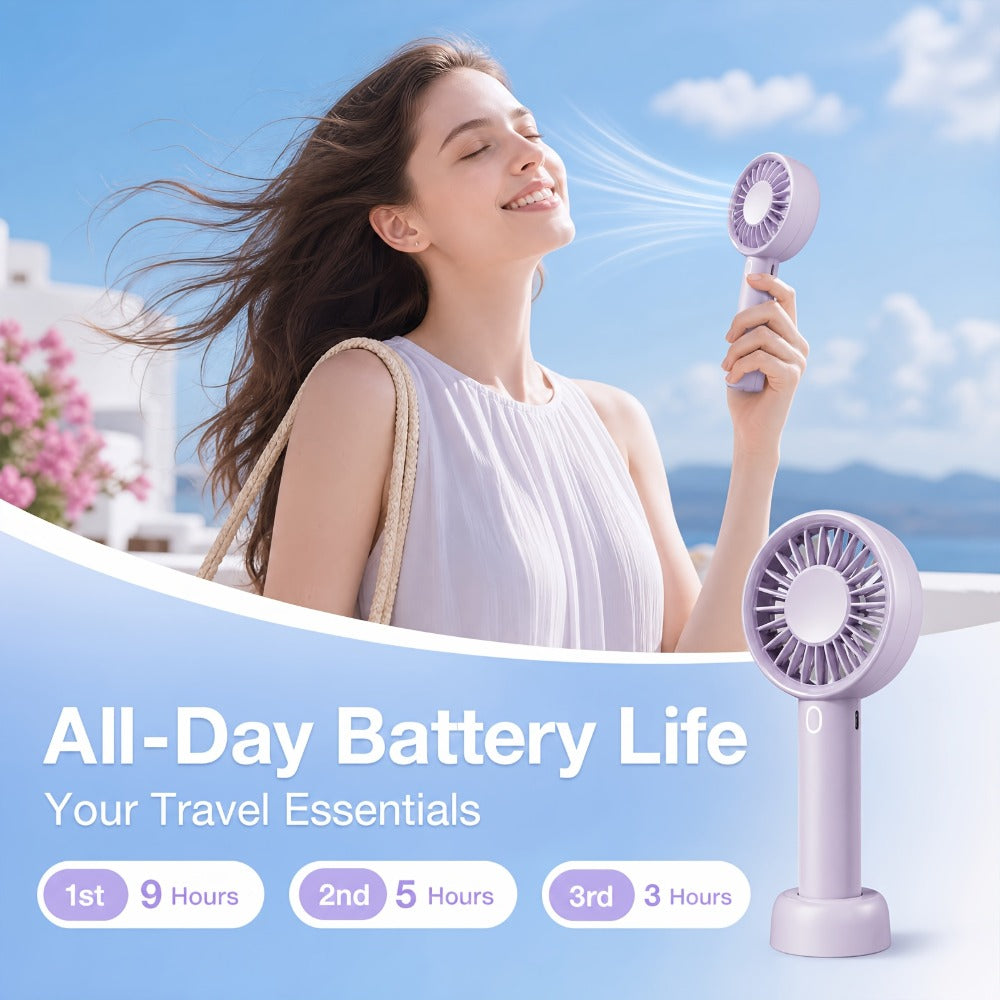 Portable Handheld Fan 16-Hour Battery Life | Air Turbo Tech 3-Speed USB Rechargeable Personal Cooling Fan for Outdoor Activities, Travel & Work ¨C Upgraded Purple, White & Mini Light Blue