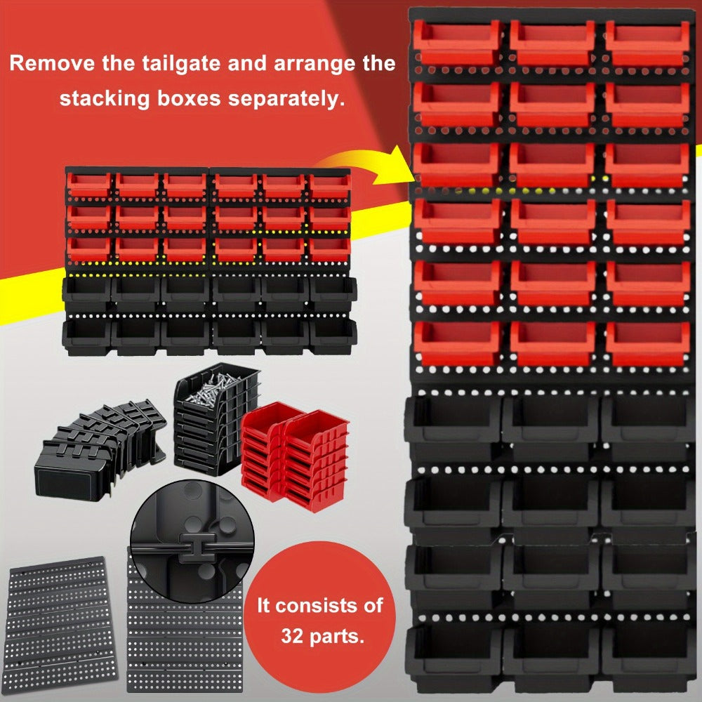 Wall Mounted Storage Bin Rack System ¨C Heavy Duty Small Parts Organizer for Screws, Nuts, Bolts & Nails | Stackable Garage Workshop Tool Storage Rack | 30/60/90 Bins Hardware Organizer