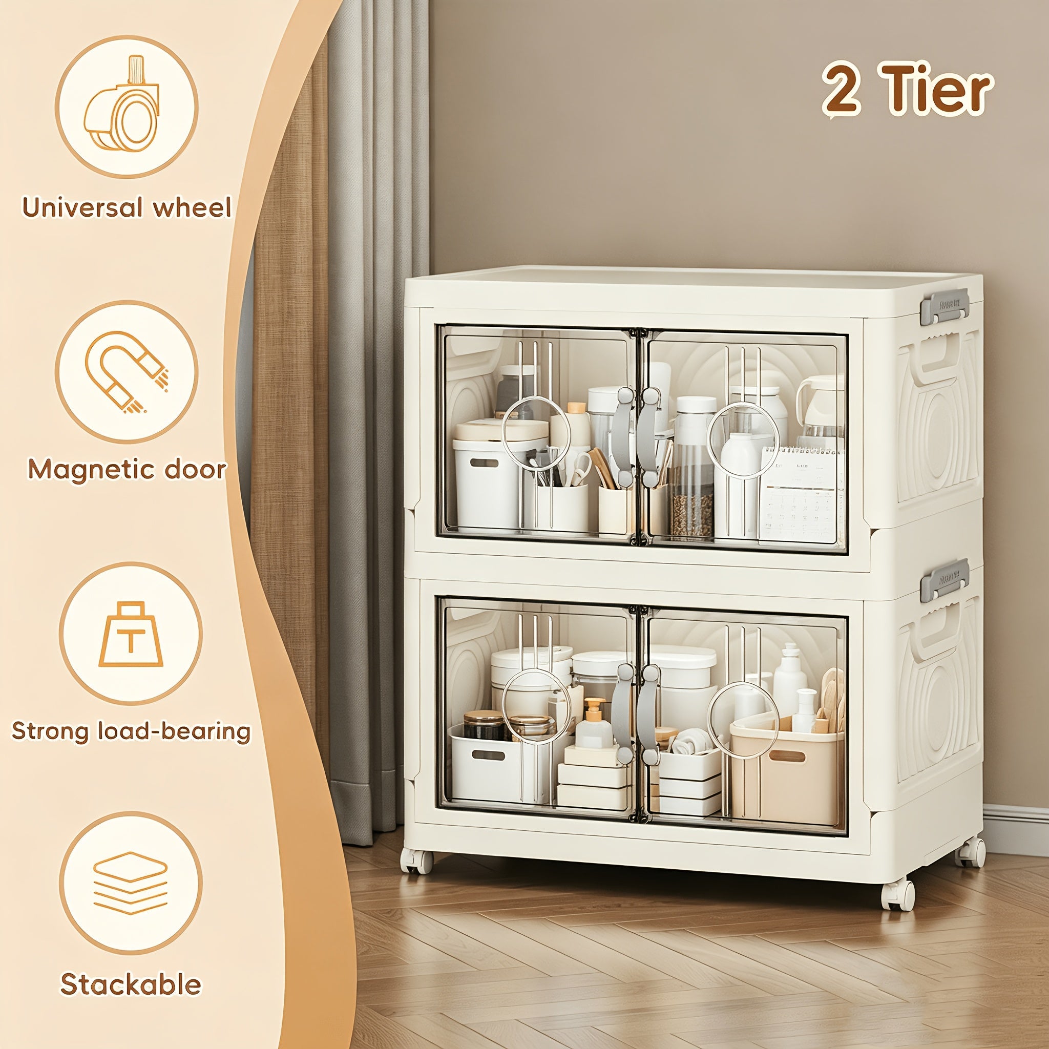 Collapsible Storage Bin with Lid ¨C Foldable Storage Cabinet 2/3/4/5 Layer 48QT Plastic Organizer | Freestanding Storage Rack for Home, Living Room, Kitchen & Bathroom | Snack & Box Storage Container