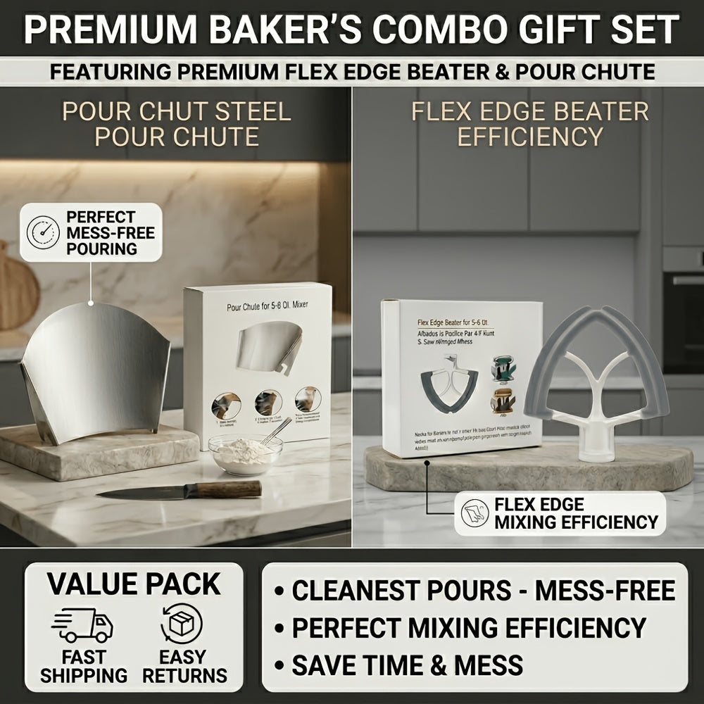 KitchenAid Pouring Chute Stainless Steel Stand Mixer Attachment - Universal Funnel Shield for Tilt-Head & Bowl-Lift 4.5-8 Qt, Anti-Splash Flour Dust Guard, Dishwasher Safe, Gift Box Included