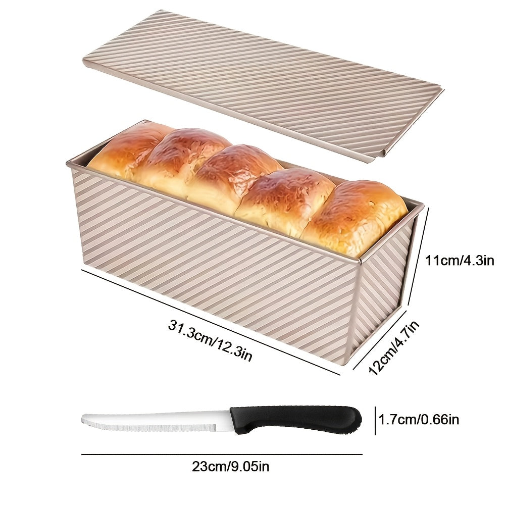 Pullman Loaf Pan with Lid, Extra Large 12.3x4.7x4.3 Inch Sandwich Bread Pan with Vent Holes, Nonstick Carbon Steel Toast Pan with Bread Knife, Square Loaf Pan for Sandwich Bread, Black or Gold