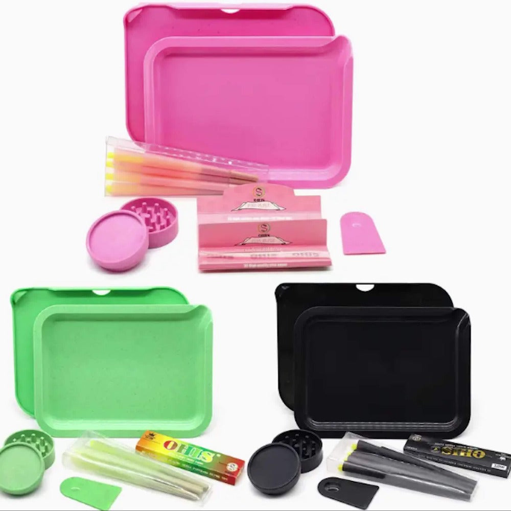 Smoking Set with Double-Layer Grinder, Rolling Paper, 8 Pre-Rolled Cones & Rolling Tray - Complete Starter Kit | 3 Colors | Gift Set