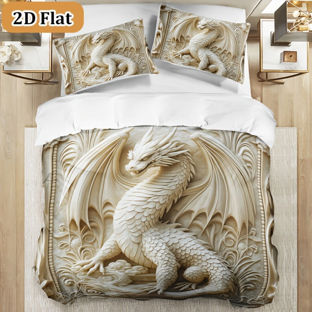 Dragon Print Duvet Cover Set 3-Piece ¨C Boho Dragon Totem Bedding, Soft Polyester Comforter Cover with 2 Pillowcases, Twin Full Queen King, Dorm Room Decor