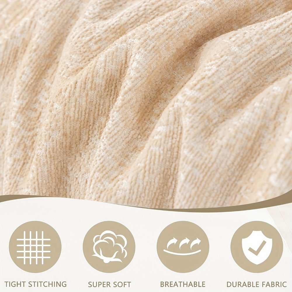 Chenille Sofa Cover with Fringe 300GSM - Super Soft Pet Friendly Solid Couch Slipcover for Single 2 4 Seater Living Room Decoration, 4 Colors
