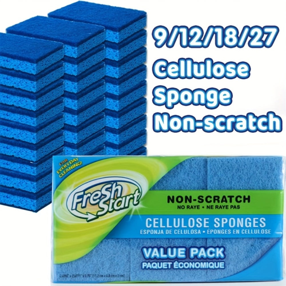 Non-Scratch Cellulose Sponge Dual-Sided with Tough Scouring Pad ¨C Dishwashing Sponges for Kitchen, Dishes & Bathroom, Absorbent & Durable, Green or Blue, 9/12/18/27 Pack Value Sets