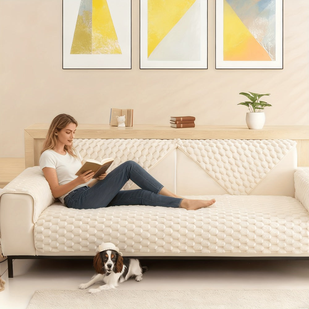 Non-Slip Sofa Cushion Cover Fuzzy Couch Pad Anti-Scratch Pet Friendly Machine Washable Fits 2 3 4 Seat Sectional Recliner 35.5 Inch Wide Beige Light Brown Grey