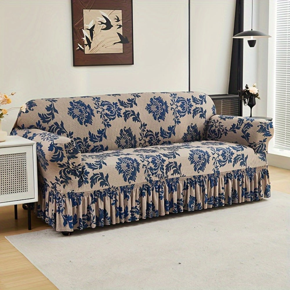 Stretch Sofa Cover Slipcover High-Stretch Fabric Ruffle Skirt Non-Slip Rod All-Season Snug Fit for 1 2 3 4 Seater Couch ¡ª Dark Blue with Pillow Cover