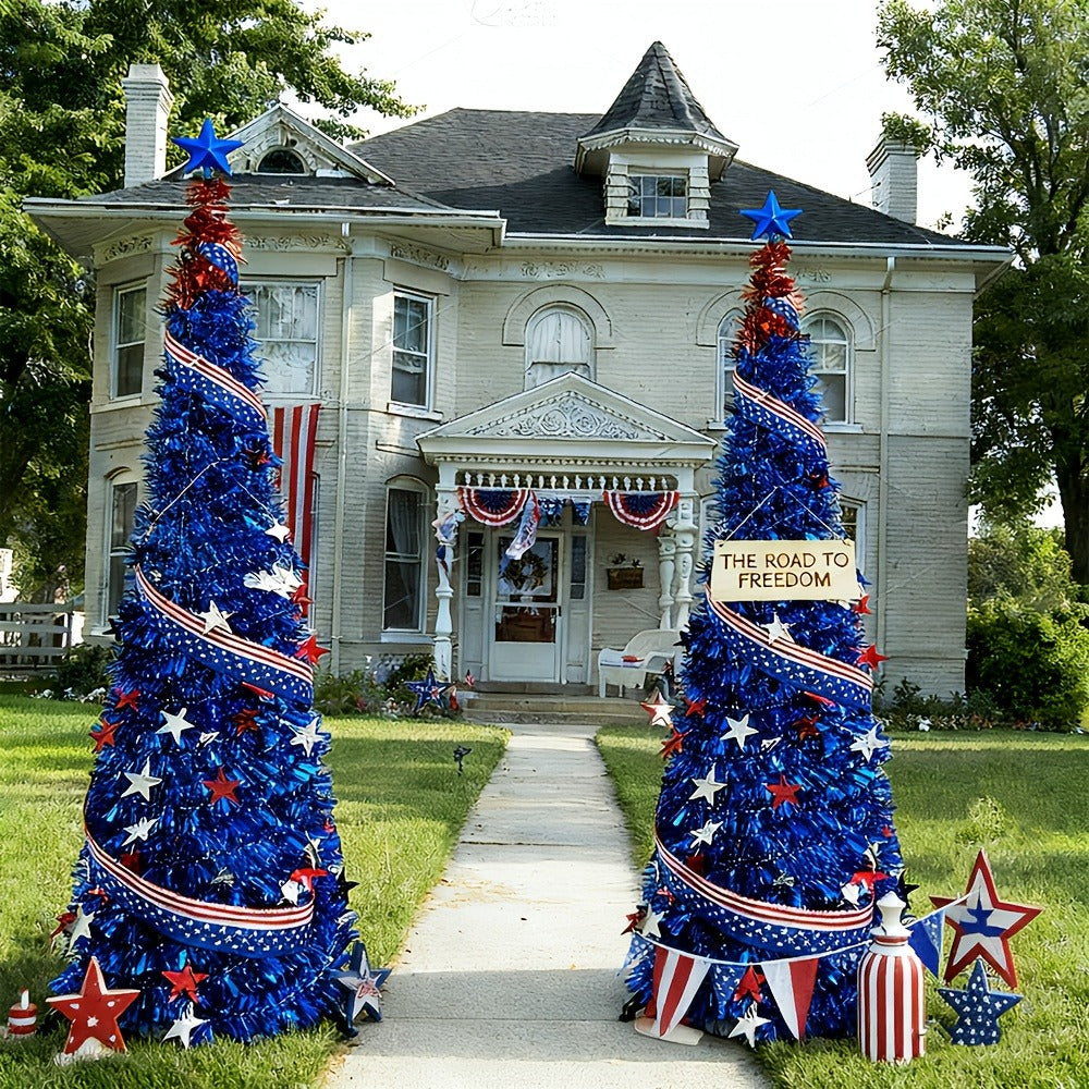 4th of July Decorative Tree 5ft LED Light, Foldable Patriotic Stars & Stripes Blue Christmas Tree with Red White Blue LED String Lights, Independence Day Party Decoration & Summer Gift