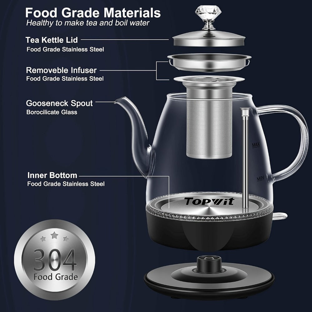 Pour Over Glass Electric Kettle with Removable Stainless Steel Tea Infuser ¨C 1L 33.81oz BPA-Free Dual-Purpose Hot Water Kettle for Tea & Coffee, Auto Shut-Off & Boil-Dry Protection, Elegant Countertop Design