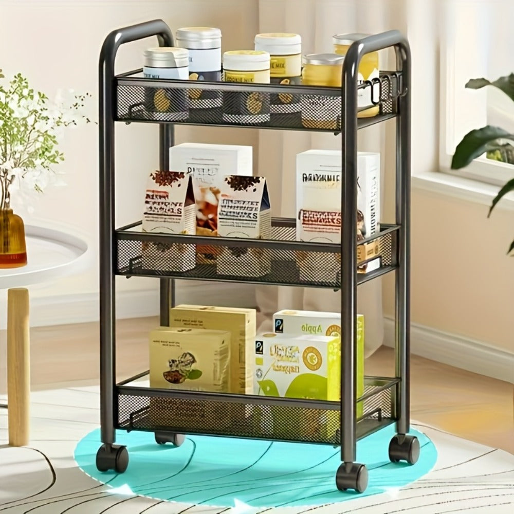 Rolling Storage Cart on Wheels ¨C 3/4/5 Tier Carbon Steel Wire Basket Trolley, Black Metal Utility Cart for Kitchen, Bathroom, Bedroom, Office & Living Room, Space-Saving Detachable Shelving Unit