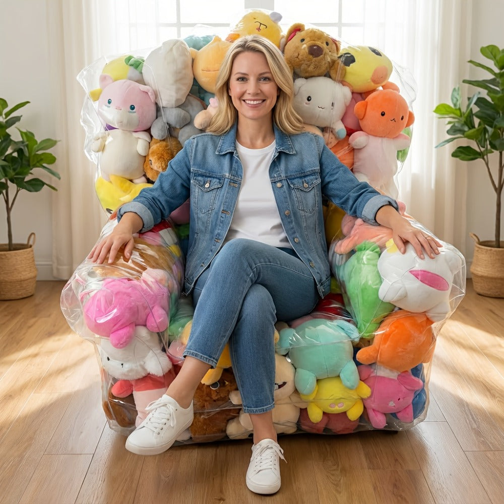 Large Transparent Plush Toy Storage Bag with Zipper Closure Stuffed Animal Organizer Bean Bag Chair Cover Openable Filling 100x90cm Clear Display Bag