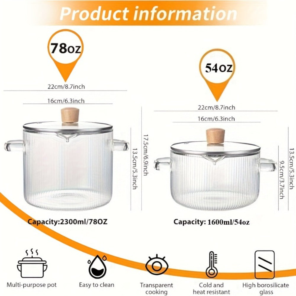 Glass Saucepan Set 2-Pack Stovetop Safe Borosilicate Ribbed Pots with Lids ¨C 78oz & 54oz Heat Resistant Cookware for Soup, Ramen, Milk | Transparent Glass Pot Kitchen Cooking Set with Baking Mat