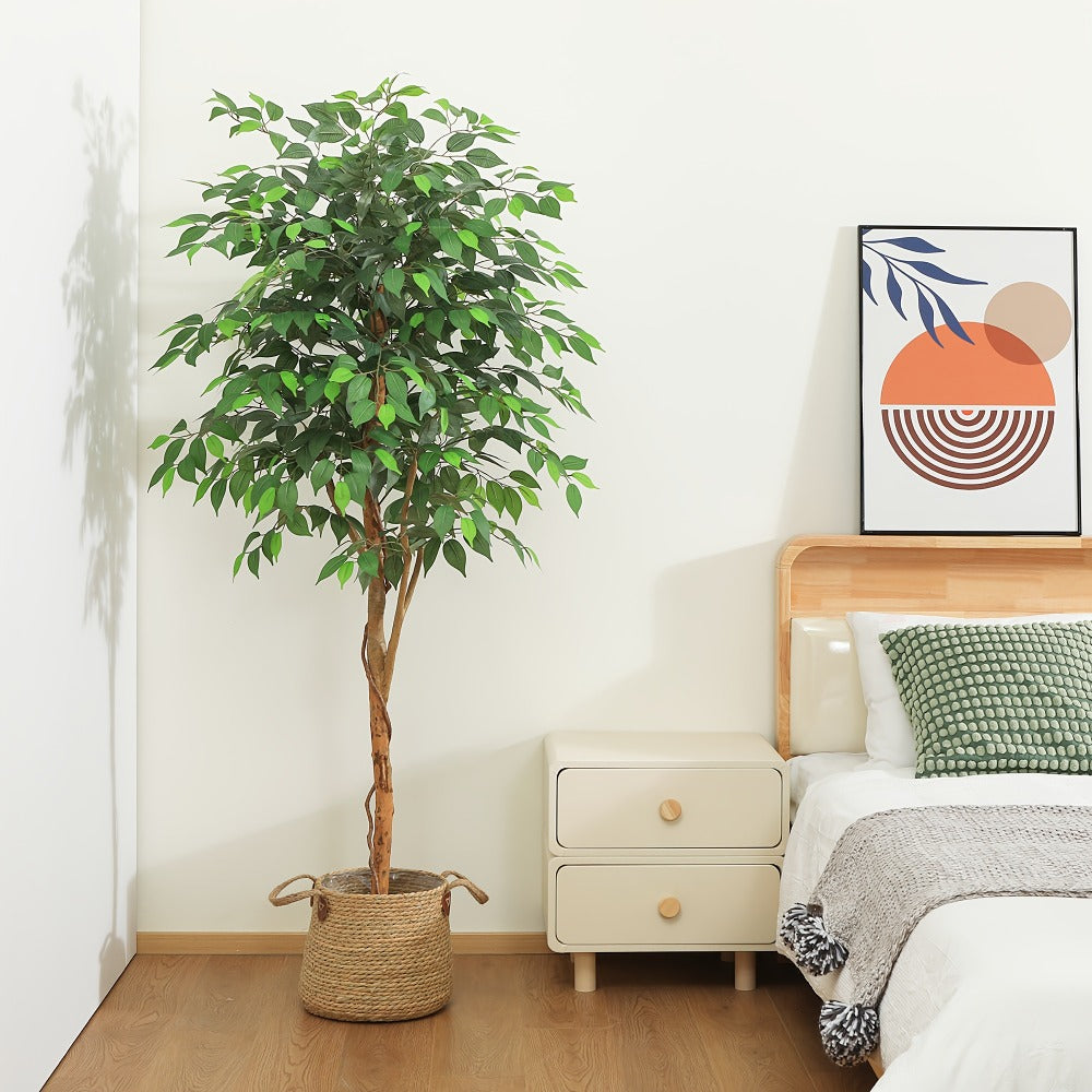 Artificial Ficus Tree Tall Fake Potted Plant Natural Wood Trunk Lifelike Silk Leaves 4FT 5FT 6FT 7FT Indoor Outdoor Living Room Bedroom Office Home Decor No Maintenance