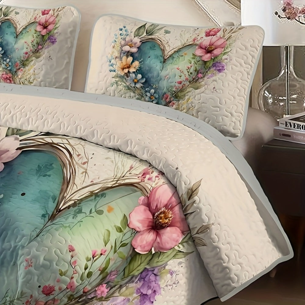 Floral Watercolor Quilt Set ¨C Heart Botanical Print, Soft Breathable Hypoallergenic Bedspread, Twin Full Queen King, All Seasons ¨C Romantic Bedroom Decor