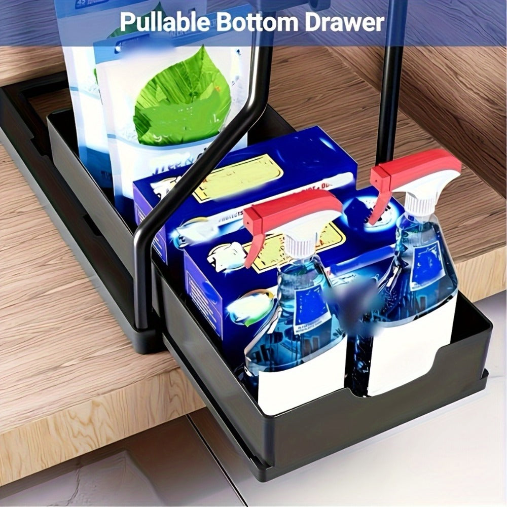 Under Sink Organizer 2-Tier Sliding Cabinet Basket with Hooks ¨C Adjustable Bathroom Kitchen Shelf Storage Rack for Cabinets