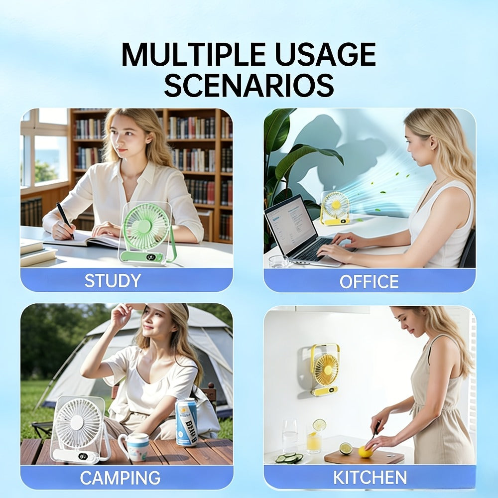 Desk Fan Portable USB Rechargeable 3000mAh Battery 5-Speed Adjustable 180 Degree Foldable Ultra Quiet Digital Display Acrylic for Home Office Travel Lightweight Cooling Fan