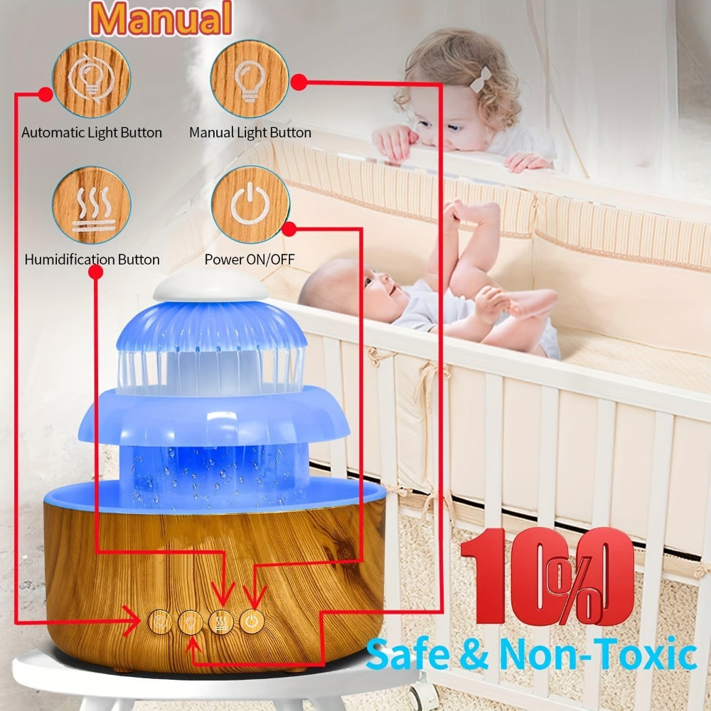 Cool Mist Humidifier with Raining Sound & 8-Color Night Light ¨C 10-Hour Runtime, Essential Oil Diffuser, Air Humidifier for Bedroom, Home & Office, White Noise Sleep Aid, Ambient Mood Light, White