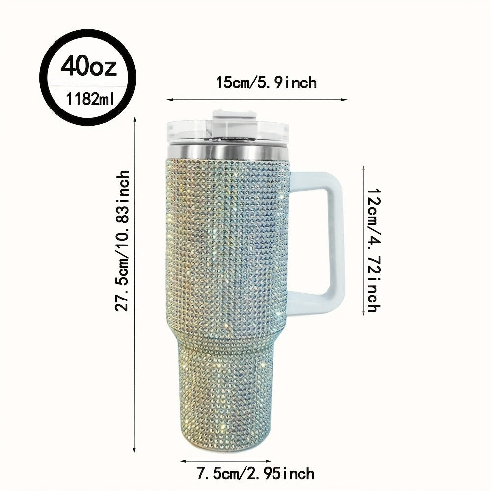 Bling Diamond Tumbler 40 Oz ¨C Studded Rhinestone Stainless Steel Insulated Travel Mug with Handle & Straw Lid ¨C Fits Car Cup Holders ¨C Glamorous Gift for Women ¨C Silver