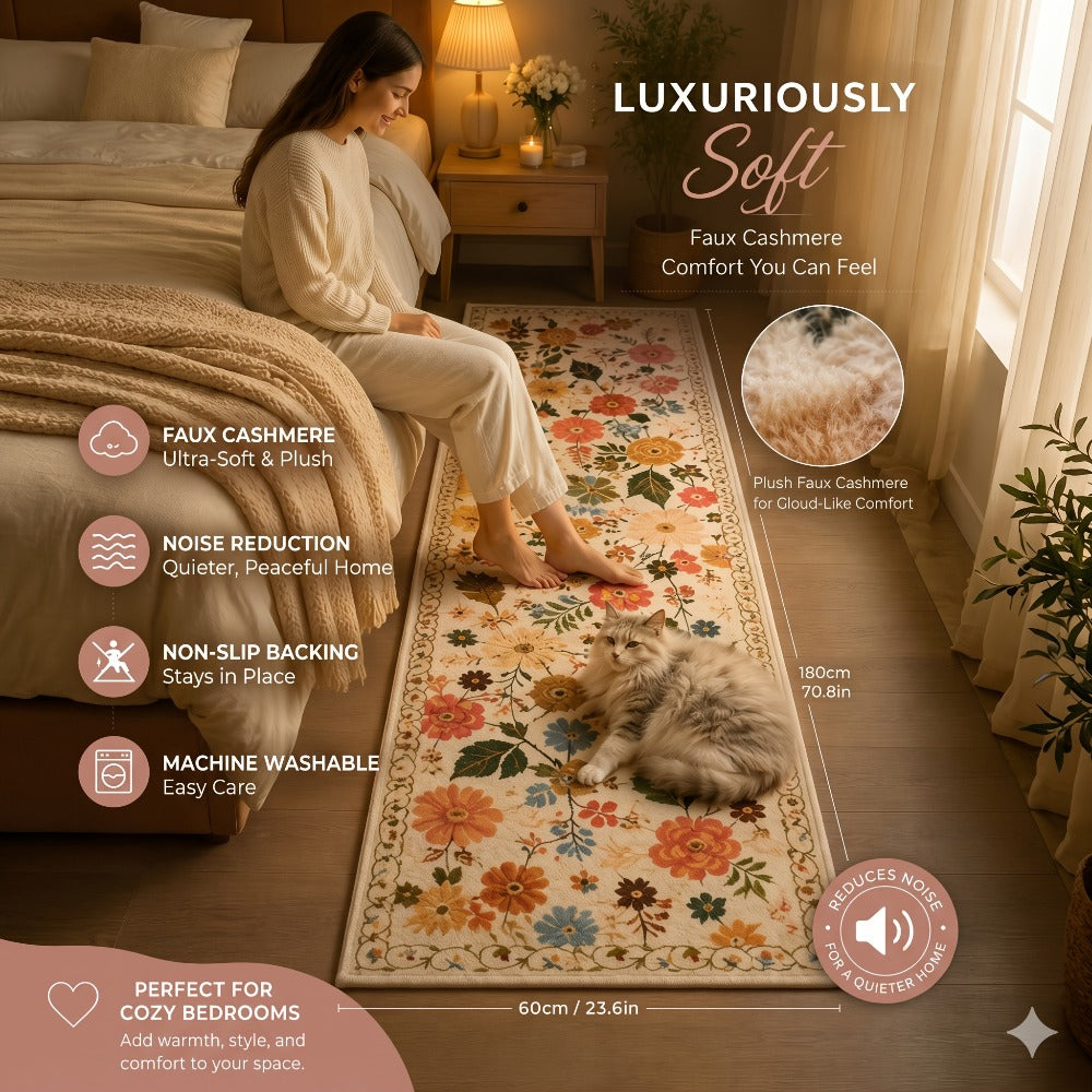 Bohemian Floral Plush Rug Non-Slip Machine Washable ¨C Soft Floral Runner Mat for Bedroom, Kitchen, Bathroom, Entryway & Living Room ¨C Easy Clean Indoor Home Decor Mat, 4 Sizes