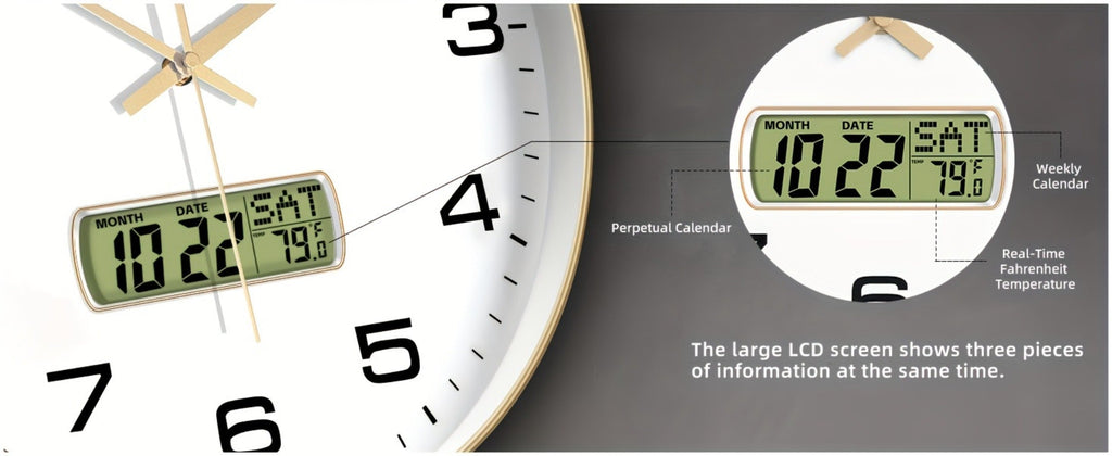 Silent Wall Clock Round Analog 10/12 Inch ¨C Battery Operated, Calendar & Temperature Display, Non-Ticking Quiet Movement for Bedroom, Office & Living Room, Multiple Colors