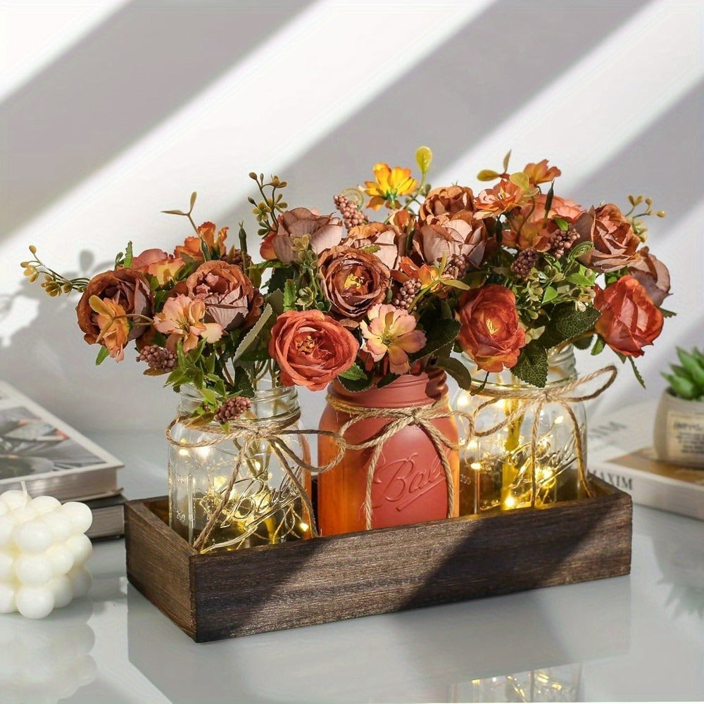 Mason Jar Centerpiece Table Decorations with Wood Tray & LED Lights ¨C 3-Piece Farmhouse Decor Set for Dining Room, Kitchen, Living Room & Bathroom | Holiday Home Decor Gift