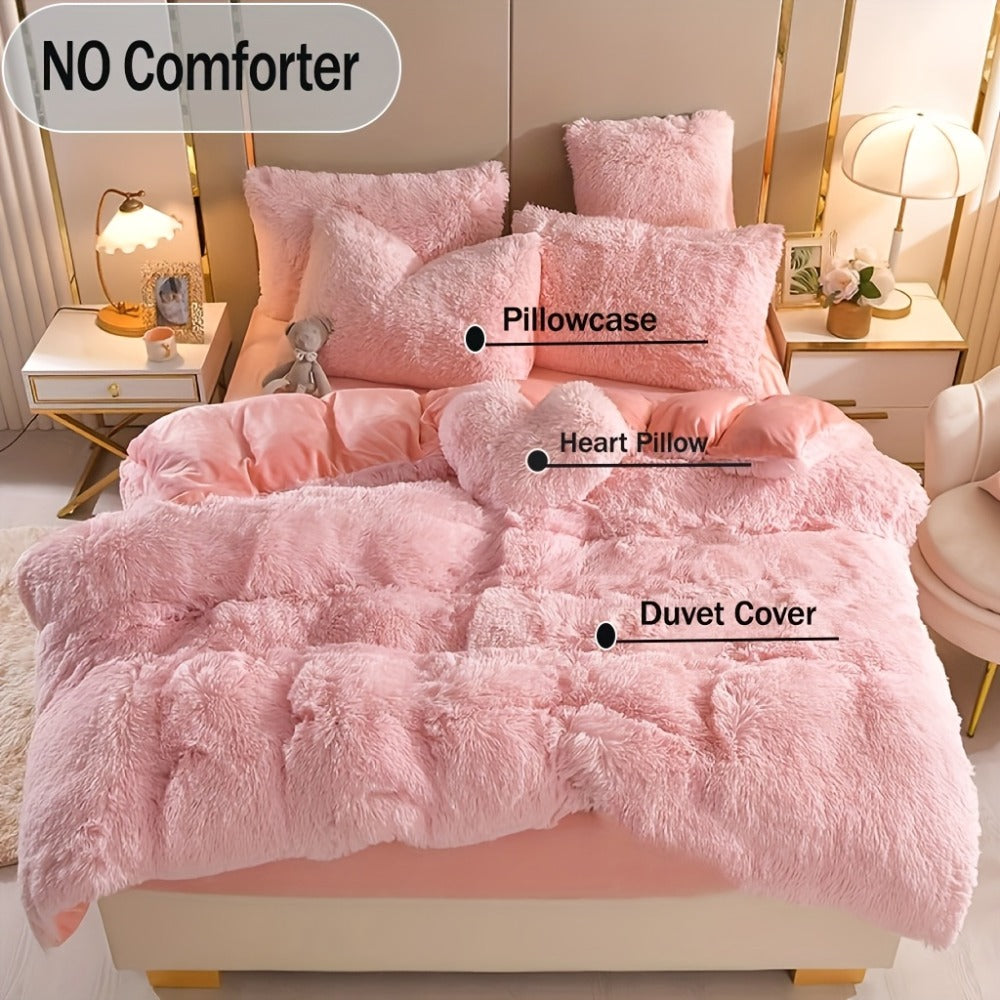 Faux Fur Duvet Cover Set Twin Queen King Super Soft Plush Comforter Cover with Pillowcases Heart Pillow for Kids Teens Machine Washable Bedroom Decor