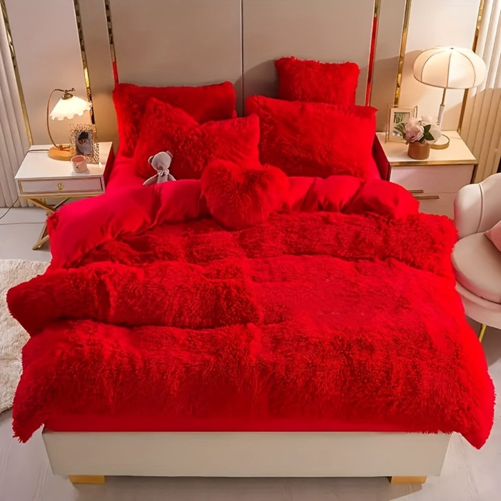 Fluffy Bedding Set 4pcs Soft Warm Plush Duvet Cover with Pillowcases Queen King - Cozy Autumn Winter Comforter Set 8 Colors