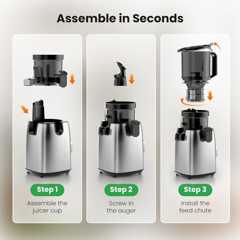 Cold Press Juicer Machine with Large Feed Chute - Slow Masticating Juicer for Whole Fruits & Vegetables, High Juice Yield, Easy to Assemble & Clean, LED Display Option, Silver, for Home & Kitchen