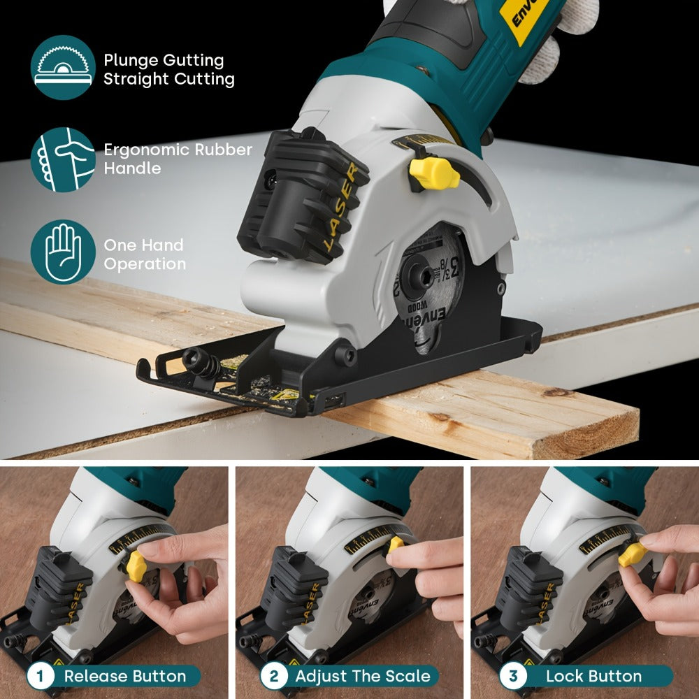 Mini Circular Saw Corded with Laser Guide 4A 3500RPM 3-3/8 Inch Compact Hand Saw for Wood Metal Tile Plastic Cuts DIY Home Improvement