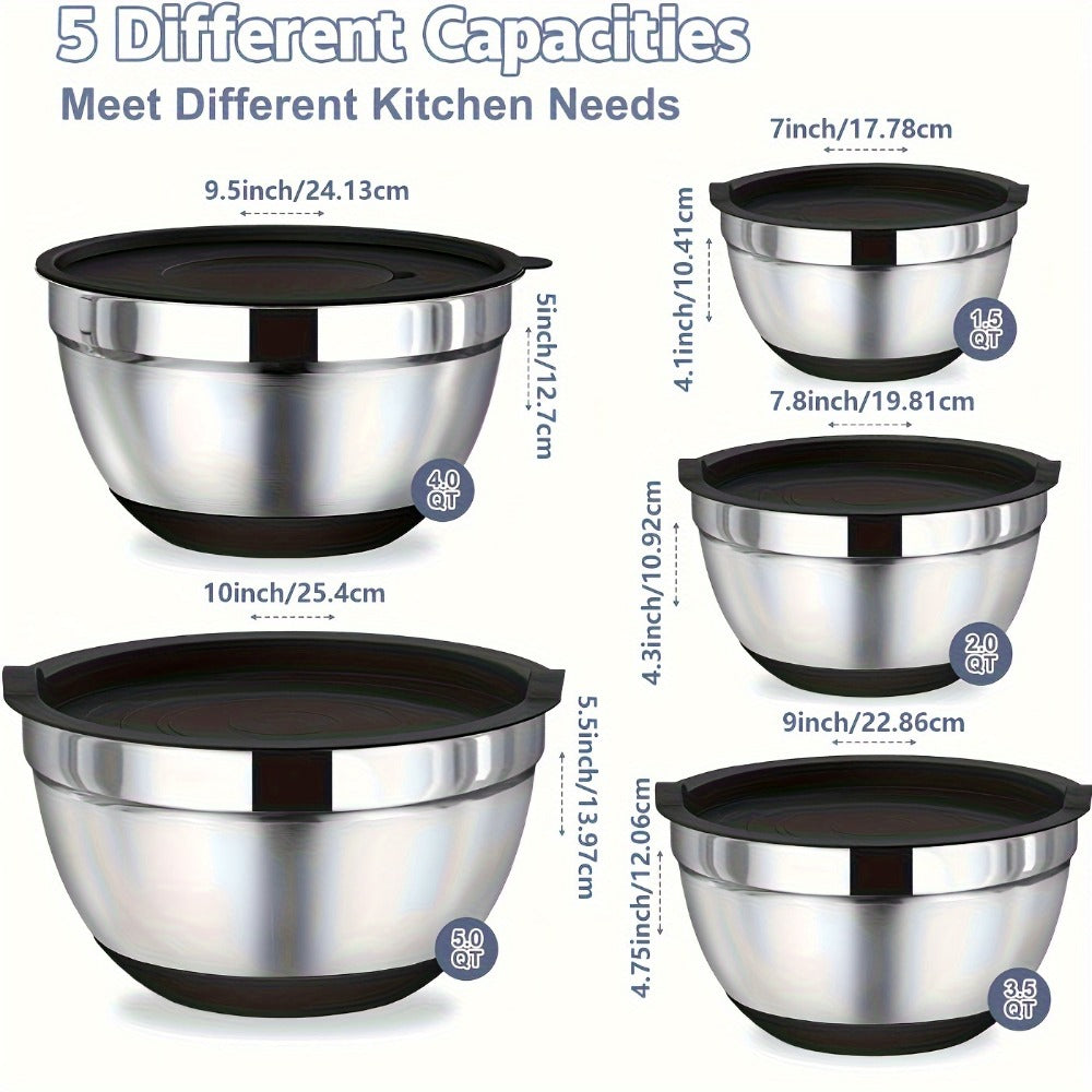 Stainless Steel Mixing Bowl Set with Airtight Lids & Non-Slip Silicone Base, 8-Piece Nesting Bowls for Baking Cooking Serving, Dishwasher Safe Kitchen Mixing Bowls with Lids for Food Storage