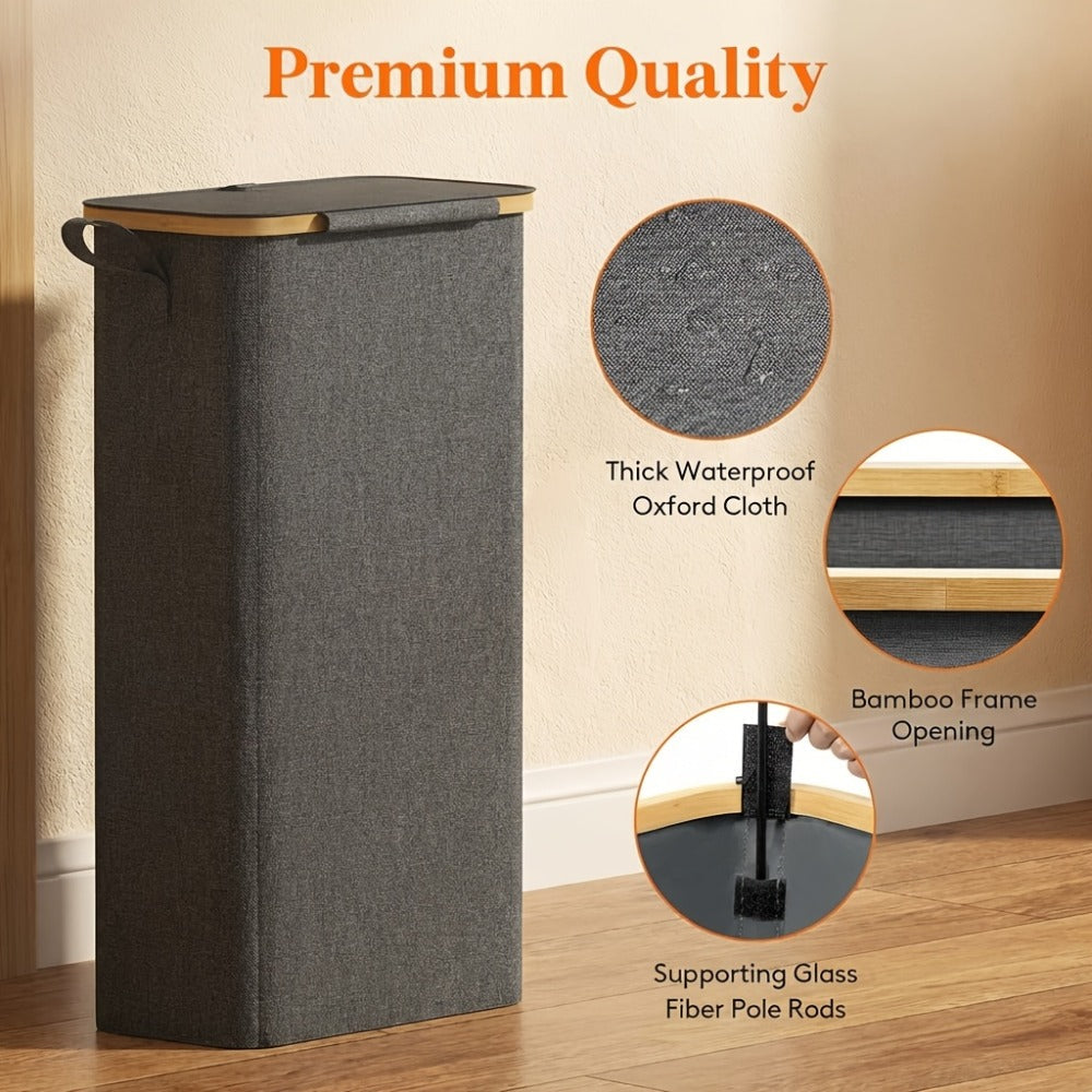 Slim Laundry Hamper with Lid & Removable Bag ¨C Foldable Narrow Clothes Basket with Bamboo Handles for Bathroom, Bedroom & Dorm ¨C 50L / 65L / 75L Space-Saving Collapsible Laundry Bin