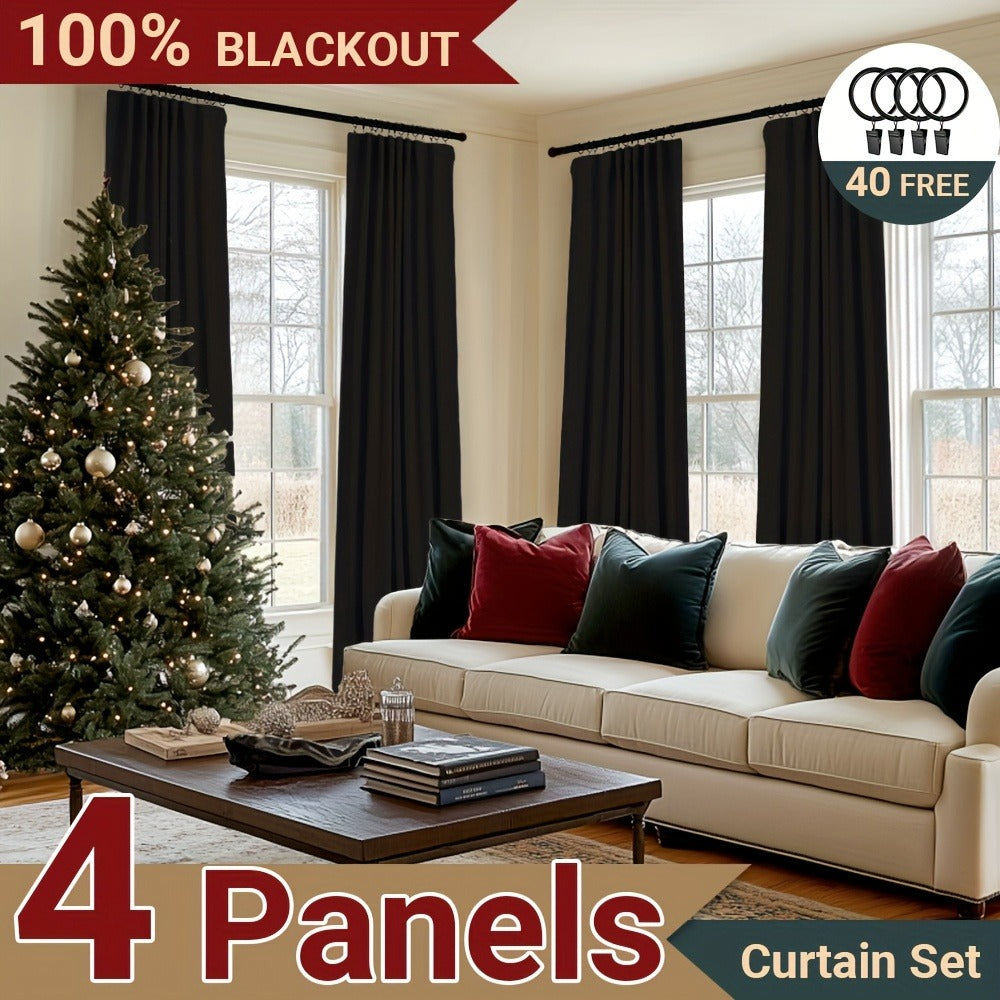 100% Blackout Curtains 4 Panels Faux Linen Textured Thermal Insulated Drapes - Room Darkening Window Curtains for Living Room Bedroom, Clip Rings & Rod Pocket, Energy Efficient Home Decor 50W x 84-120L
