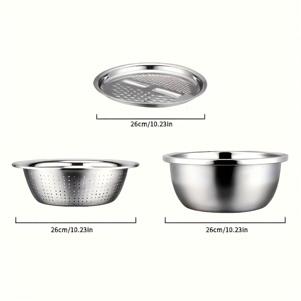 Stainless Steel Kitchen Tool Set 3pcs ¨C Built-In Grinder, Colander Filter & Mixing Bowl for Washing, Slicing & Draining Fruits, Vegetables & Cheese, Food-Safe Drainage System
