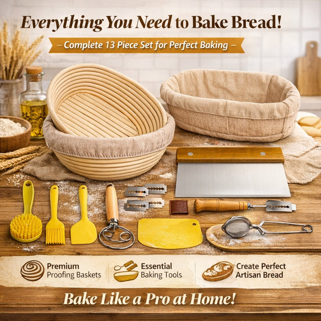 Sourdough Bread Proofing Basket Set 9 & 10 Inch - Banneton Bread Basket Kit with Danish Dough Whisk, Bread Lame, Dough Scrapers, Cooking Brush & Linen Liners