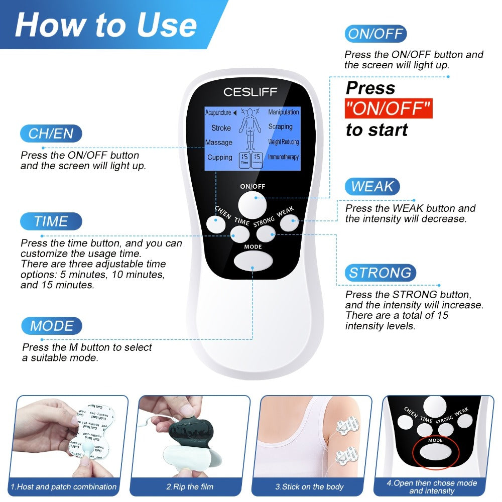 TENS Unit Muscle Stimulator for Pain Relief Digital EMS Therapy Device for Back Neck Hip Nerve Pain Arthritis Tendonitis Stiffness Recovery Post-Workout Relaxation with Accessories 6-Mode and 8-Mode