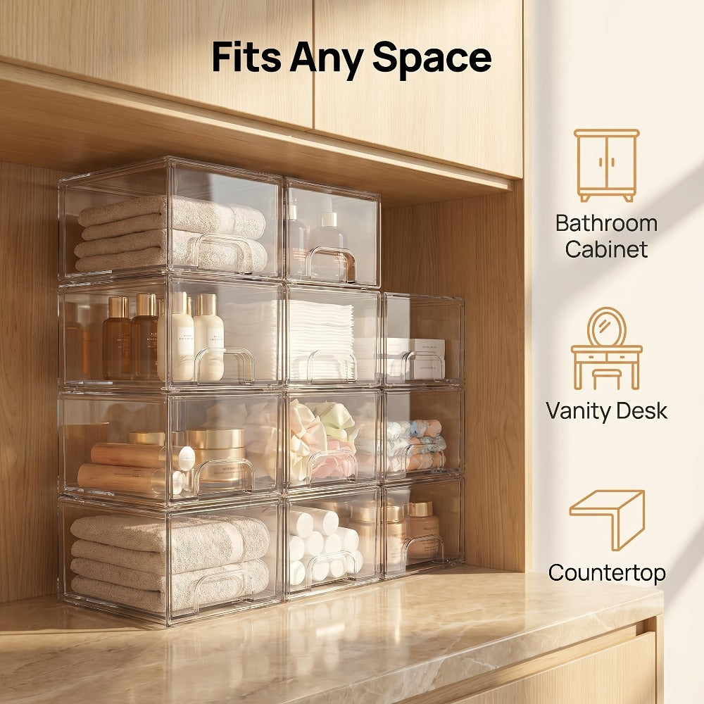 Clear Stackable Storage Drawers 8 Pack ¨C Acrylic Bathroom Organizer Bins with Pull-Out Handle, BPA-Free Plastic Makeup Storage for Vanity, Kitchen, Pantry, Home Organization