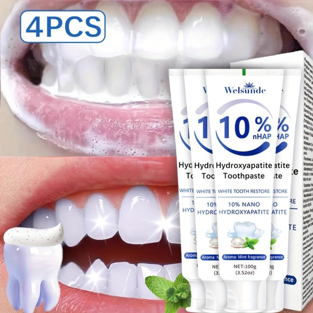 Hydroxyapatite Toothpaste 4-Pack ¨C 10% Nano Formula with Baking Soda, Deep Cleaning & Whitening Gel, Mint Fresh Breath, Fluoride-Free Daily Oral Care for Everyone, Home & Travel Sleek Tube Design (400g)