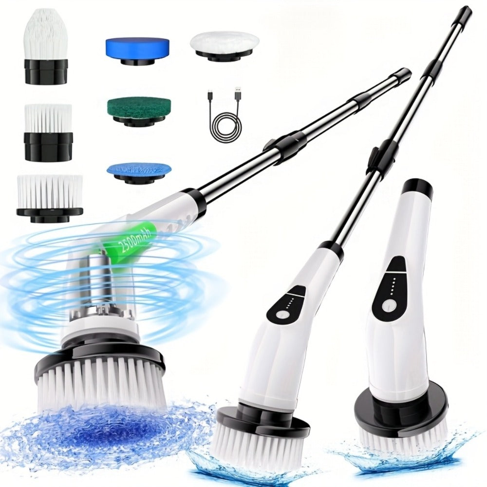 Electric Spin Scrubber Cordless, 7-in-1 Cleaning Brush with 7 Replaceable Heads, Dual Speed Adjustable, USB Rechargeable, Detachable Telescopic Handle for Bathroom Tile Kitchen Tub Floor Living Room