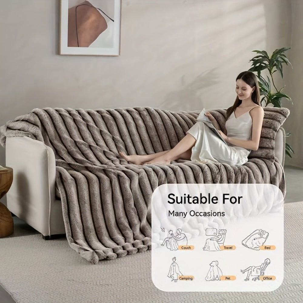 Double-Layer Faux Rabbit Fleece Blanket ¨C 450-500gsm Thickened Soft Warm Throw for Bed, Couch & Travel, All Season, 3 Colors, 5 Sizes