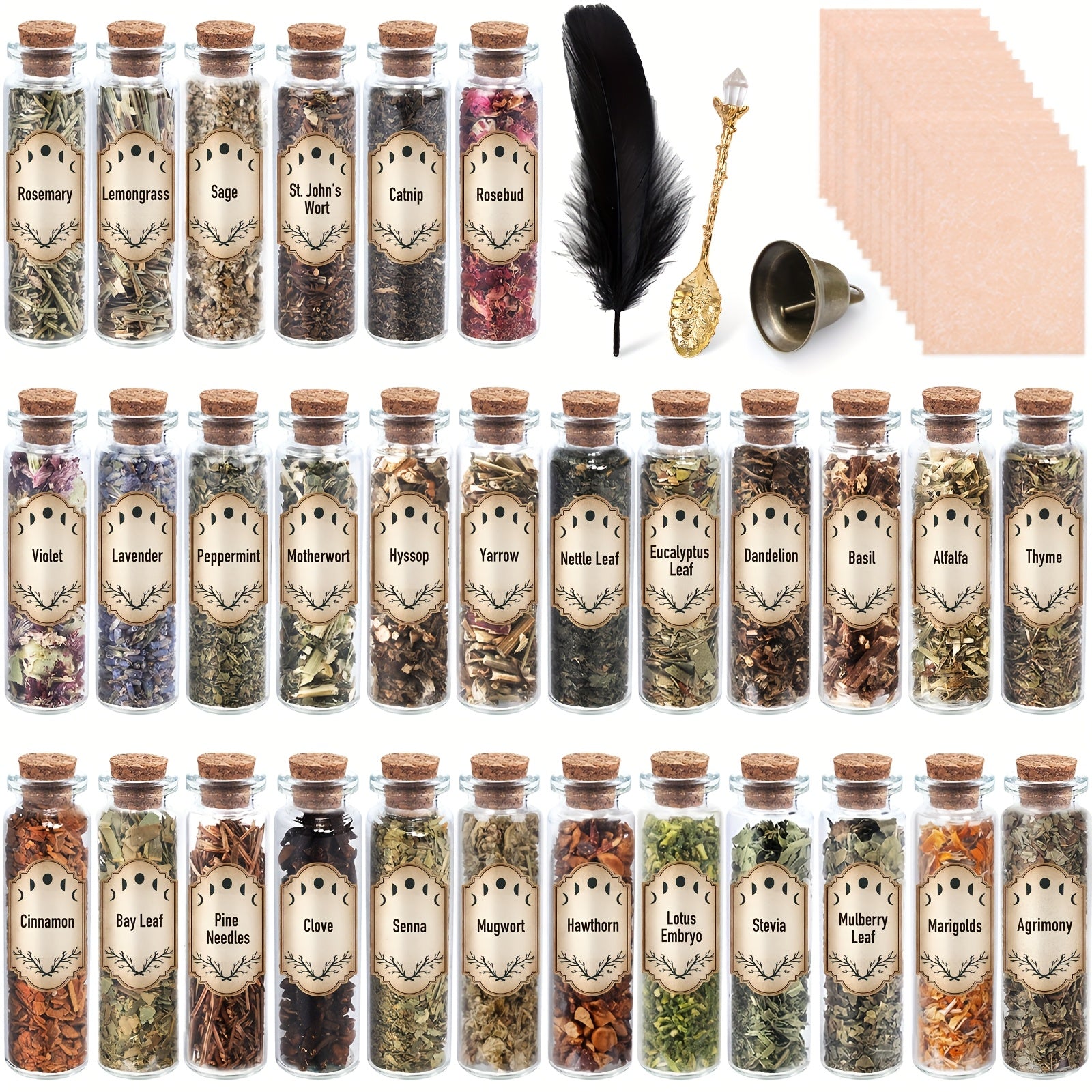 43-Piece Dried Herbs & Flowers Witch Ritual Kit ¨C Sachet Supplies Set with Crystal Spoon, Black Feather & Bell for Pagan Spells, Candle Making, Soap, Wedding Decor