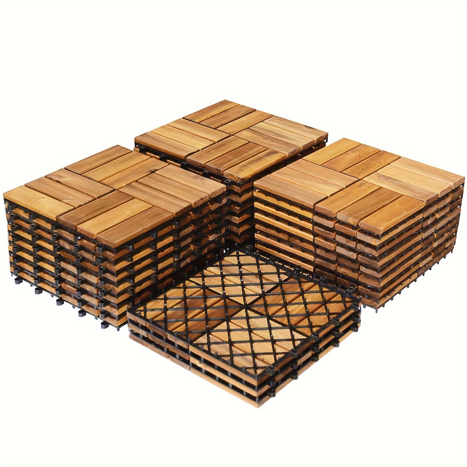 Interlocking Acacia Wood Deck Tiles 27-Pack ¨C 12x12 Inch Oil-Finished Slat Tiles, Covers 27 Sq Ft, Tool-Free Install, for Patio, Balcony, Garden, Deck & Indoor Flooring