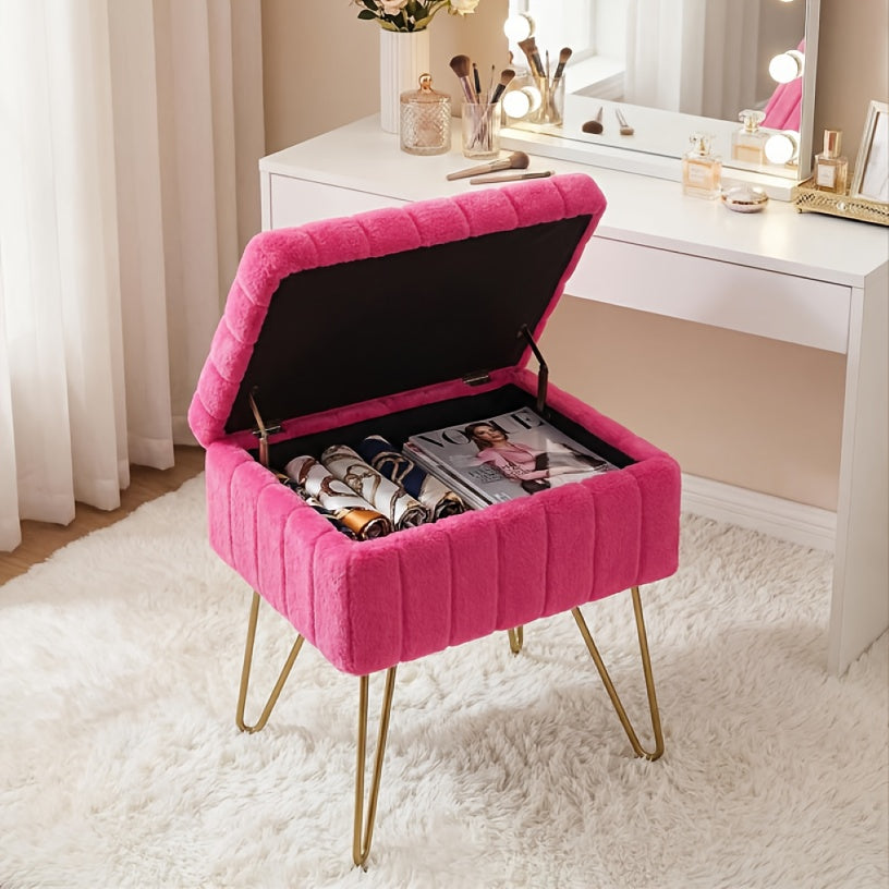 Faux Fur Storage Ottoman Stool ¨C Soft Furry Vanity Seat with Storage, 4 Metal Legs & Non-Slip Feet ¨C Cute Modern Multi-Function Chair for Bedroom, Vanity & Living Room